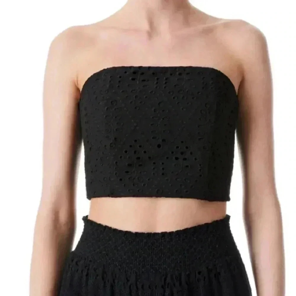 Alice + Olivia Black Strapless Eyelet Crop Top